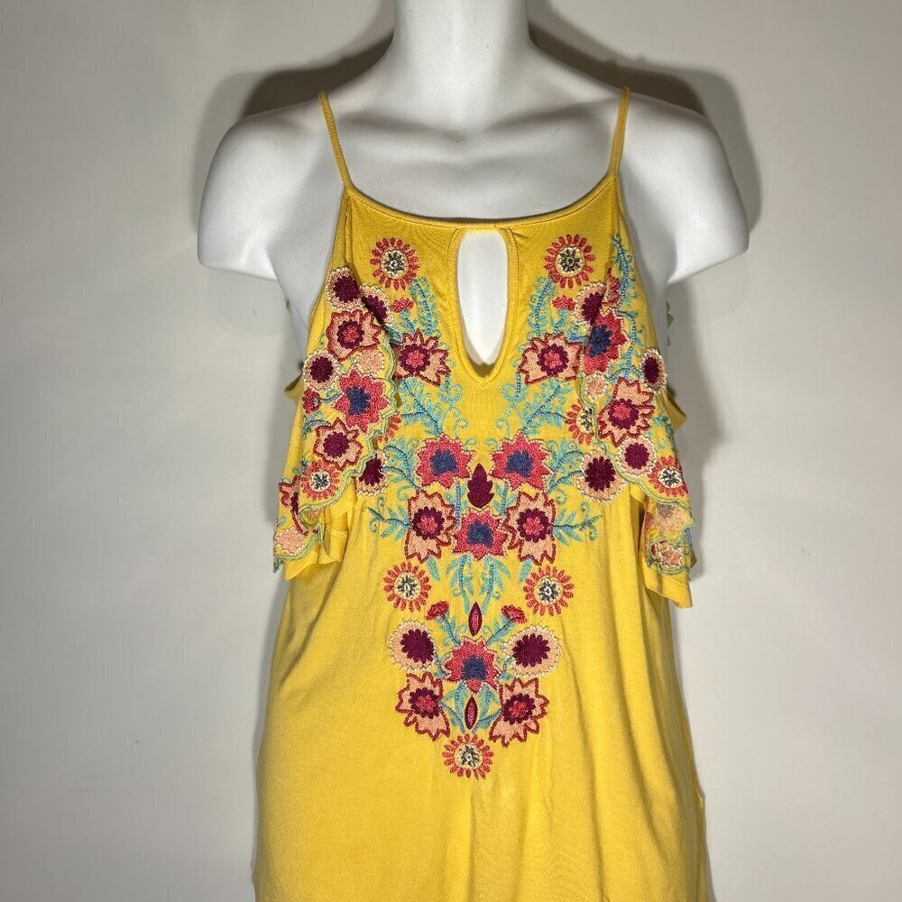 Boston Proper SZ Yellow beaded knit long tank top Embellished Embroidered Boho